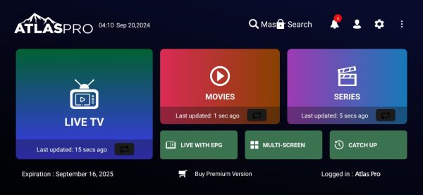 Image des interfaces de l’application Atlas Pro IPTV, montrant un design moderne, intuitif et compatible avec Smart TV, Android et iOS.