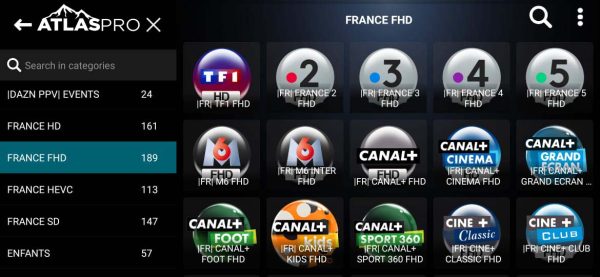 Image montrant la liste complète des chaînes Atlas Pro IPTV, incluant les chaînes de sport, cinéma, actualités et divertissement en HD et 4K.