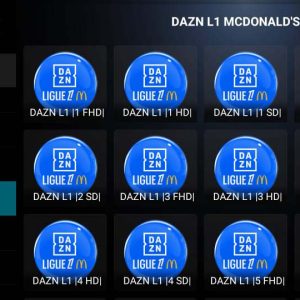 Image présentant la liste des chaînes DAZN disponibles via Atlas Pro IPTV, incluant sports en direct, football, basketball, et autres événements sportifs internationaux en HD et 4K.