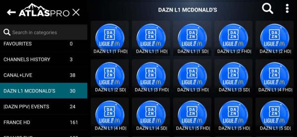 Image présentant la liste des chaînes DAZN disponibles via Atlas Pro IPTV, incluant sports en direct, football, basketball, et autres événements sportifs internationaux en HD et 4K.
