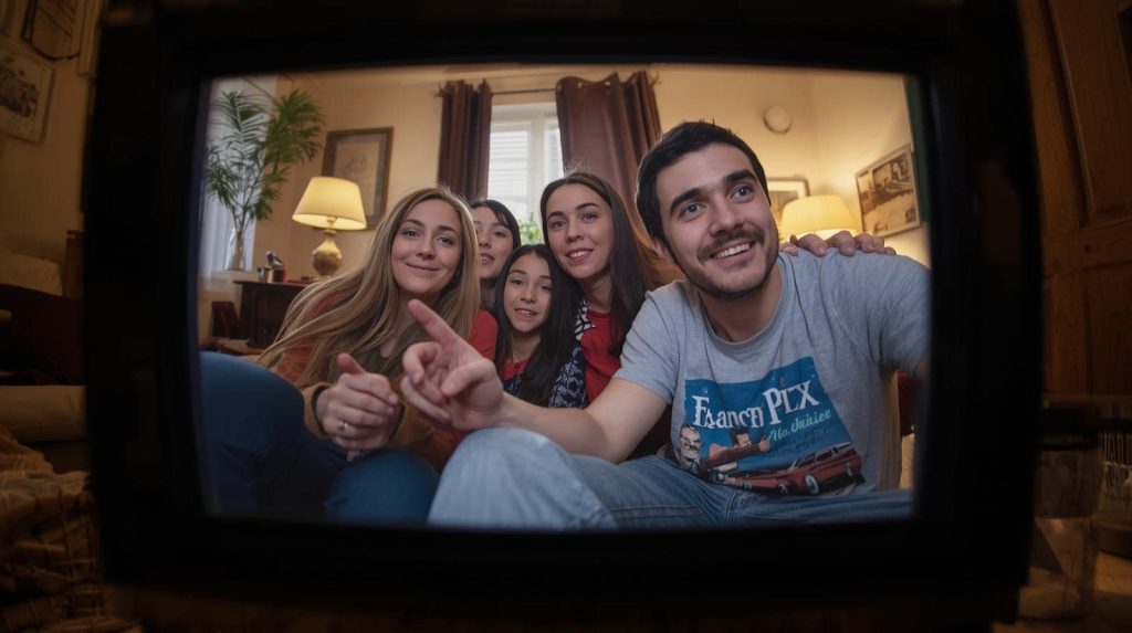 Famille heureuse regardant un match de football en direct grâce à l’abonnement IPTV Atlas Pro, image représentant la joie et la convivialité du streaming HD.